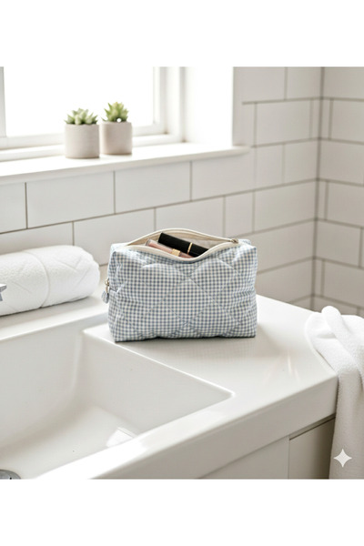 Mufincollection Geantă de machiaj cu carouri albastre, umplută cu fibre moi