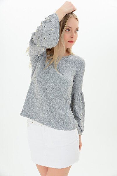 Cotton Mood 9100985 Yumoş Sleeve Wide Flounce Pearl Blouse Gray