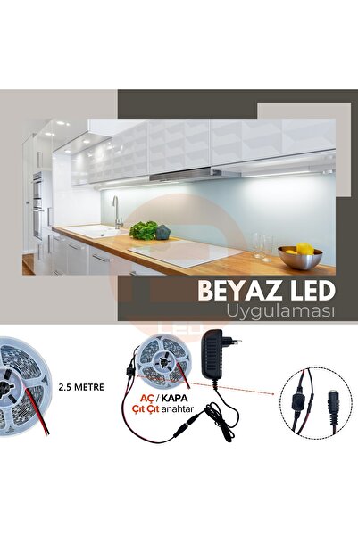 AmberLED Şerit Led 2.5 Metre Beyaz Tak Çalıştır Adaptör Dahil | Tezgah, Dolap, Mutfak Aydınlatma