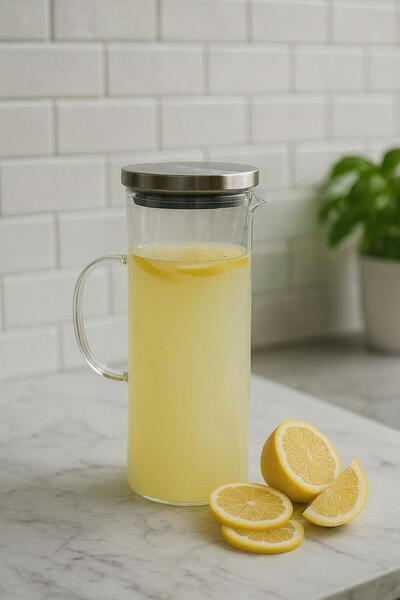 MEYA PİNE Metal Kapaklı Karaf Limonata, Portakal Şişesi Vazo Şişe Sürahi