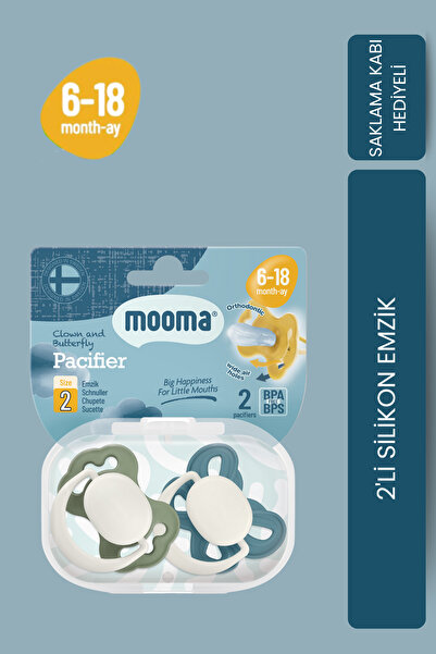 MOOMA Clown & Butterfly Silikon Emzik 2’li No:2 (6–18 Ay) Ball Blue & River Green Saklama Kabı Hediyeli
