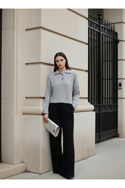 Amia&Co. Gray Viscose Polo Neck Relaxed Fit Sweater