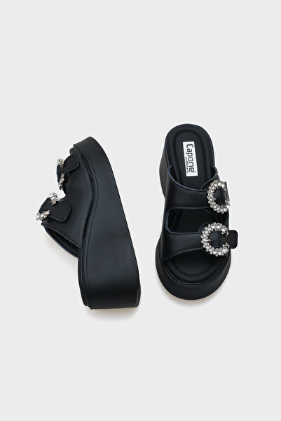 Capone Outfitters Charm Genuine Leather Wedge Heels Stone Double Banded Comfort Women's Slippers