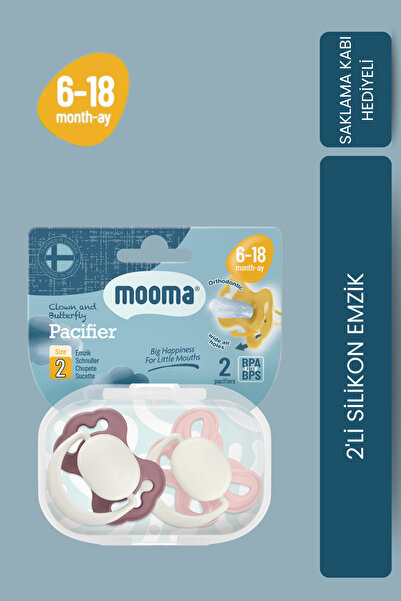 MOOMA Clown & Butterfly Silikon Emzik 2’li No:2 (6–18 Ay) – BPA & BPS İçermez, Saklama Kabı Hediyeli