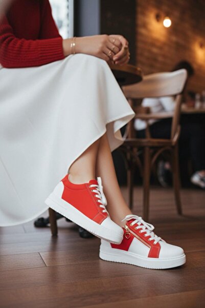 Genel Markalar Kadın Rubel Kırmızı Fermuar Detaylı Spor Ayakkabı