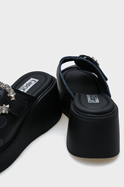 Capone Outfitters Charm Genuine Leather Wedge Heels Stone Double Banded Comfort Women's Slippers