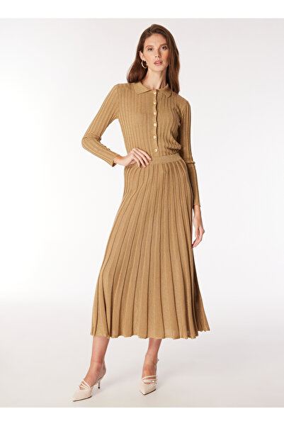 Fabrika Normal Bel Deve Tüyü Kadın Simli Midi Etek F4WL-ETK0460