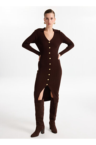 Fabrika V Yaka Yaka Düz Kahve Midi Kadın Elbise F4WL-ELB0363