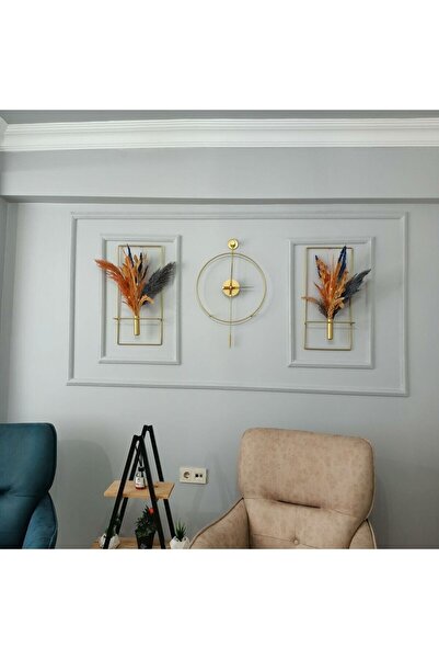 MetaQuartz Aksesuar Timelles-Gold 3'lü Tiktok 37x55cm Elegante Set ( Ceviz 18 Akrep Yelkovan )- Çiçeklik 60 Yükseklik