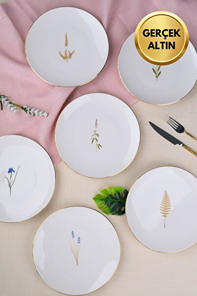 tabakevi Tabak Evi Porselen Natura Karma Altın Yaldız Pasta Tabağı 20,50cm 6 lı