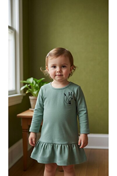Milk & Muffin Dress for Girls, Festive Green Color Baby Girls and Children Dress