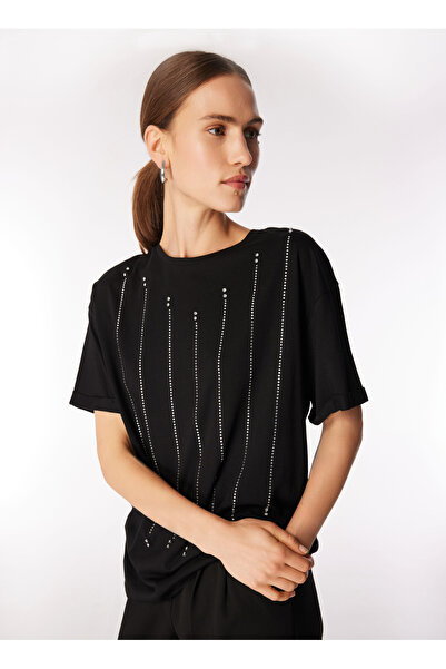 Fabrika Bisiklet Yaka Taşlı Siyah Kadın T-Shirt F4WL-TST0556