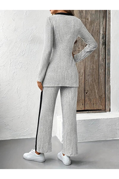 Butik Women's Long Sleeve V Neck Cross Detailed Hooded Camisole Blouse and Pants Double Set