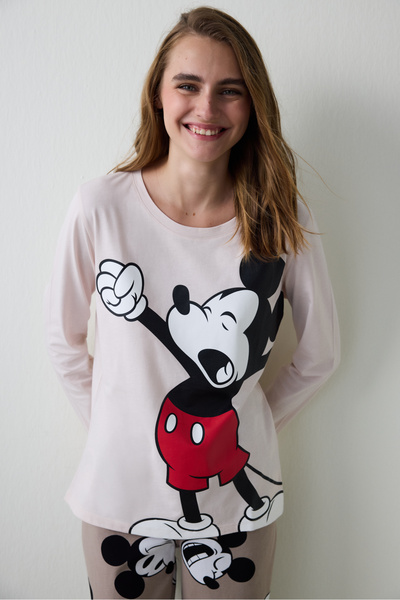 Penti Bej Mickey Mouse Baskılı Bisiklet Yaka Pamuklu Uzun Kollu Pijama Takımı