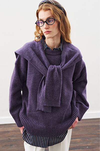 Manuka Square Neck Tie-Up Knitwear Scarf Purple