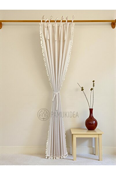 pamukidea Cream Pompom with Rope Laces - Tasseled 100% Cotton Buldan Linen Rustic Curtain - Single Wing - (En X Size)