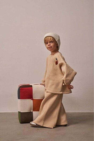 Oh La La Koala For Little Ones Beige Shoulder Embroidered Asymmetrical Detailed Top and Bottom Set