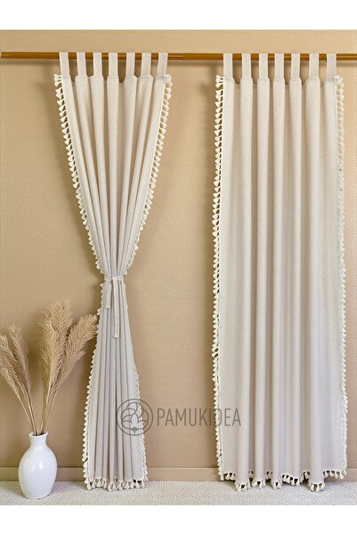 pamukidea Biritli Cream Pompom - Tasseled 100% Cotton Buldan Linen Rustic Curtain - Single Wing - (En X Size)