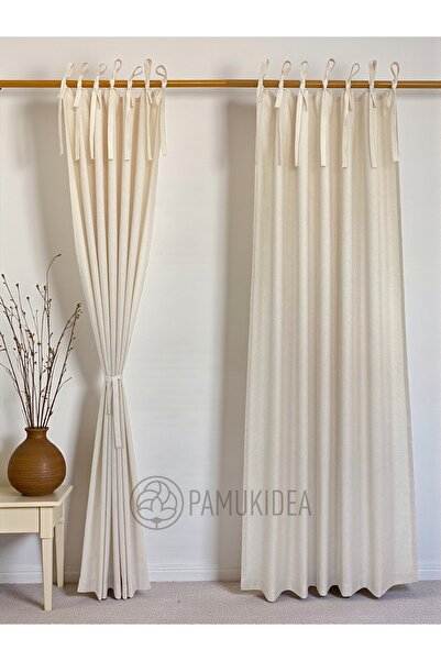 pamukidea Rustic Curtain with Rope Ties - Tie-Up Natural Plain Solid 100% Cotton Buldan Linen (Length X Width) Single Panel