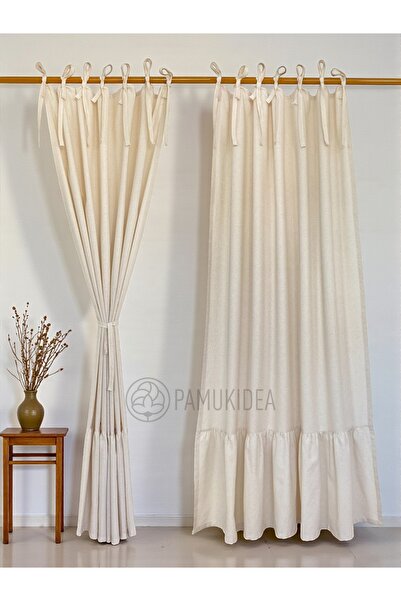pamukidea Ruffled Rope Laced Skirt 100% Cotton Natural Buldan Linen Rustic Curtain - Single Wing - (En X Size)