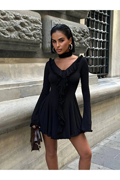 VİSKALİ Kadın Fırfır Detaylı İspanyol Kol Göğüs Dekolteli Premium Mini Boy Siyah Elbise