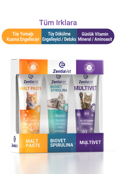 zentiavet Özel 3 lü SET Kedi Maltı Tüy Yumağı Macun Tüy Dökme Engelleyici Kedi Vitamini Multivitamin 3*100 gr