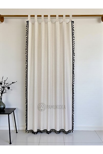 pamukidea Biritli Black Pompom - Tasseled 100% Cotton Buldan Linen Rustic Curtain - Single Wing - (En X Size)