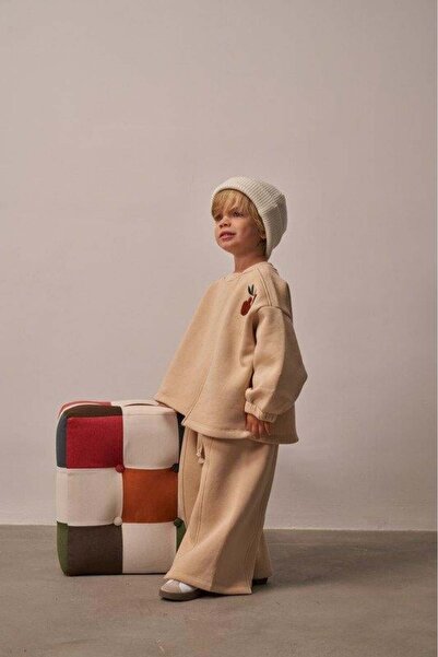 Oh La La Koala For Little Ones Beige Shoulder Embroidered Asymmetrical Detailed Top and Bottom Set