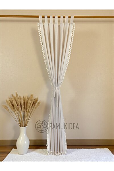 pamukidea Biritli Cream Pompom - Tasseled 100% Cotton Buldan Linen Rustic Curtain - Single Wing - (En X Size)