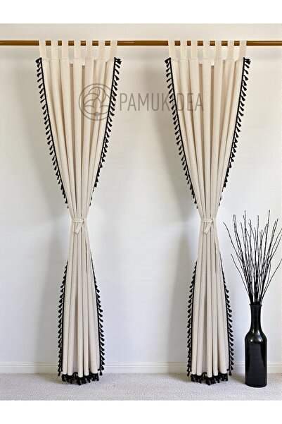 pamukidea Biritli Black Pompom - Tasseled 100% Cotton Buldan Linen Rustic Curtain - Single Wing - (En X Size)