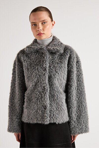 minaaise Women's Gray Plush Fabric Unlined Short Coat 30047