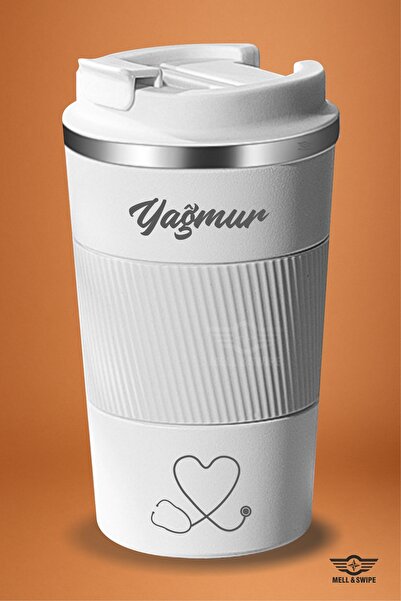 MELL & SWIPE Hediyelik Termos Kişiye Özel Isim Baskılı Beyaz Çift Katman 304 Çelik Termos 500ml Araç Kahve Çay