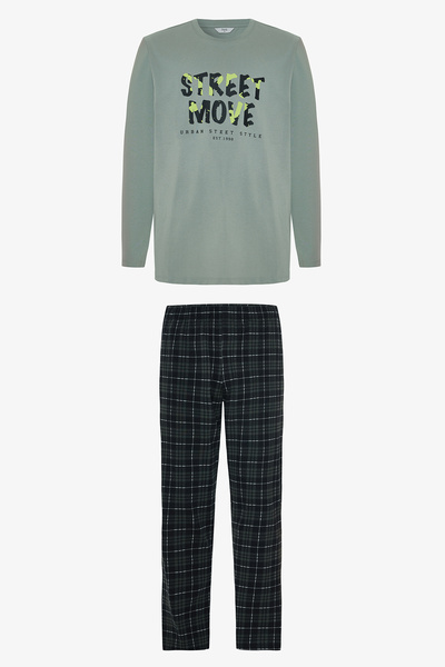Penti Move férfi szlogennel nyomtatott, hosszú ujjú pamut pizsama szett