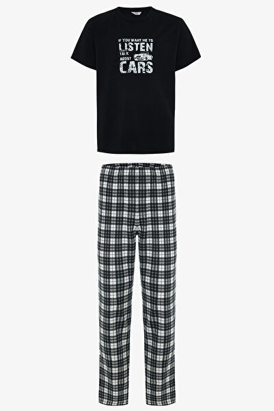 Penti Men's Listen Slogan Printed Cotton Short Sleeve Pajama Set