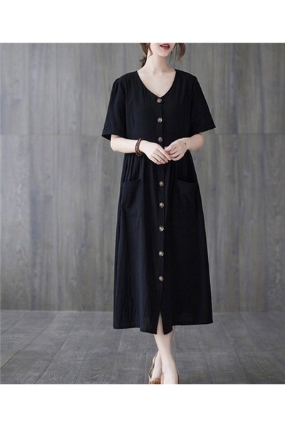 Barbora Keten Günlük Rahat V Yaka Beli Büzgü Detaylı Düğmeli Elbise