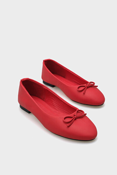 Capone Outfitters Genuine Leather Bow Round Toe Red Women's Ballerinas