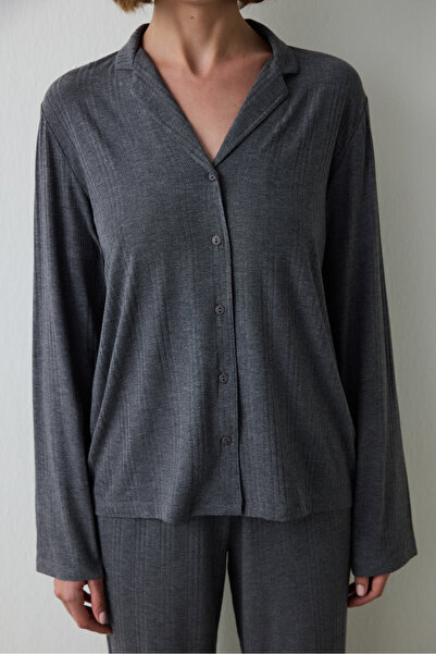 Penti Gray Melange Ribbed Shirt Collar Long Sleeve Pajama Set