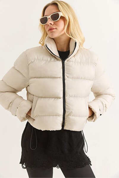 Raneel Kazançlı Alışveriş Women's Stand Collar Short Puffer Coat Beige