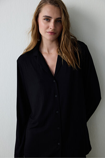 Penti Siyah Fitilli Gömlek Yaka Uzun Kollu Düğmeli Pijama Takımı