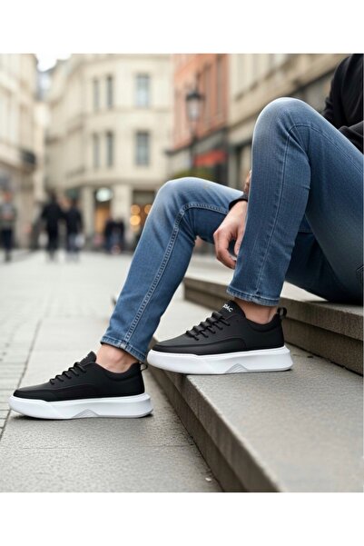 BOA BA0332 Ladder Pattern Lace Up Men's High Sole Black Skin White Sole Sports Shoes