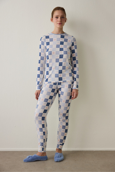 Penti Açık Mavi Ekoseli Uzun Kollu Pijama Takımı