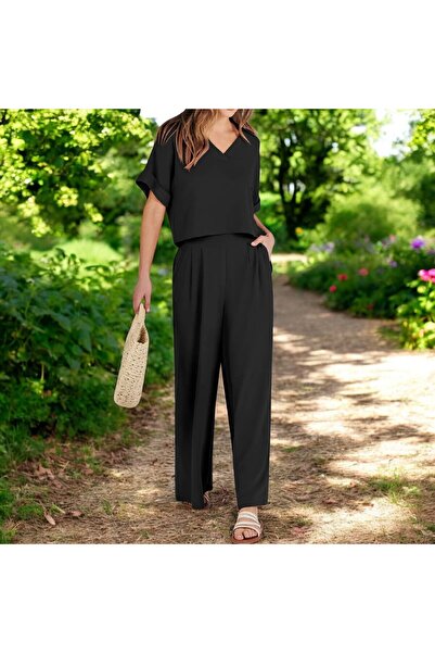 Barbora Yazlık Şık V Yaka Keten Takım