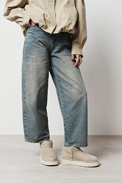 NİŞANTAŞI SHOES Mini Kum Beji Süet İçi Kürklü Kalın Taban Kadın Bot