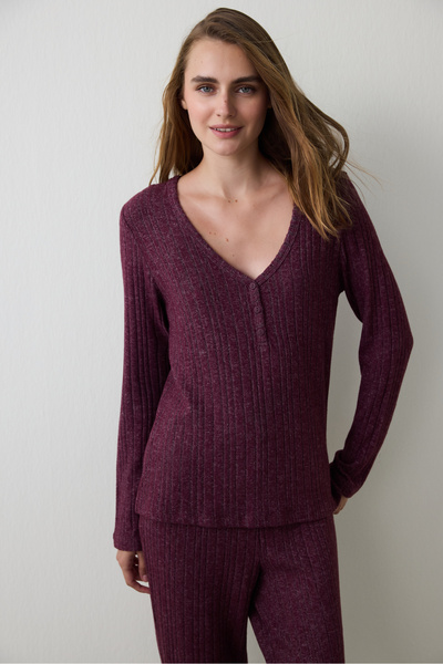 Penti Burgundy Cozy Time V-nyakú, hosszú ujjú pizsama szett