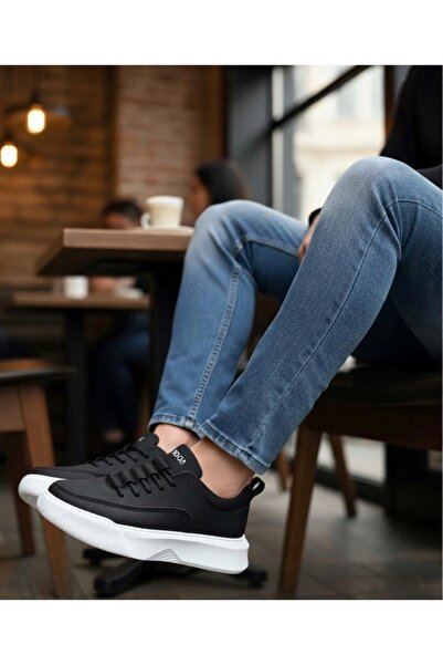 BOA BA0332 Ladder Pattern Lace Up Men's High Sole Black Skin White Sole Sports Shoes