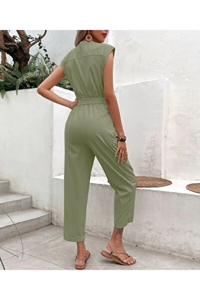 Barbora Keten Kadın V Yaka Tek Sıra Düğmeli Kolsuz Tulum