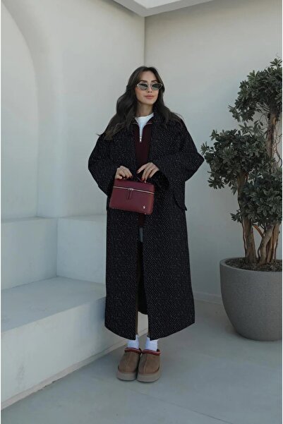 Barbora Salaş Balık Sırtı Desenli Kaşe Kaşmir Kaban astarlı