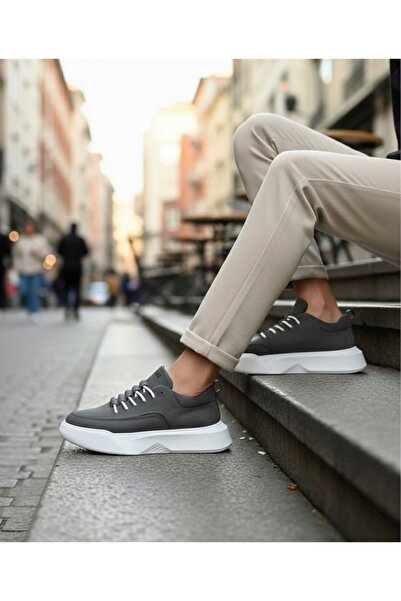 BOA BA0332 - Чоловічі антрацитові спортивні кросівки на високій підошві з шнурівкою та малюнком сходів