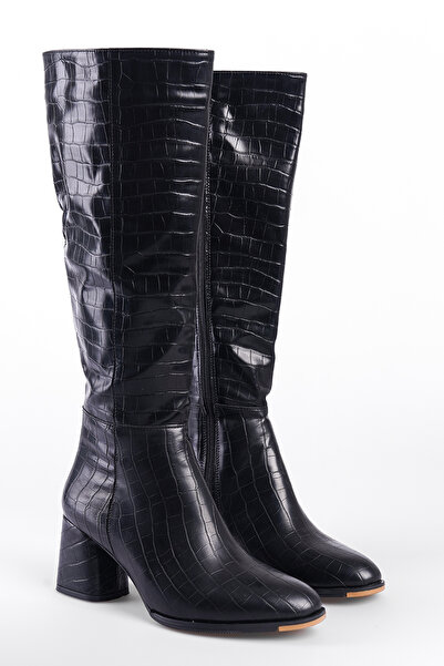 Capone Outfitters Krokodýlí černé dámské boty na podpatku s oválnou špičkou na zip