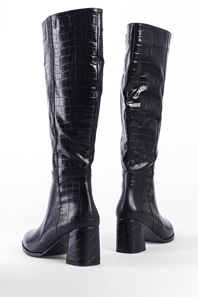 Capone Outfitters Krokodýlí černé dámské boty na podpatku s oválnou špičkou na zip